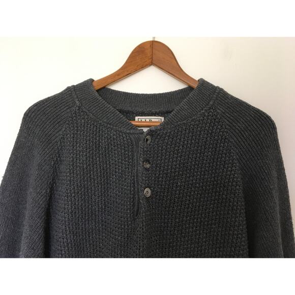 VTG LL Bean Knit Fisherman Henley Sweater Mens Sz L Gray BA50 Cotton Made In USA - Picture 2 of 13